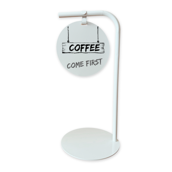 Decorative modern chalkboard sign with 'Coffee Come First' text on a white background