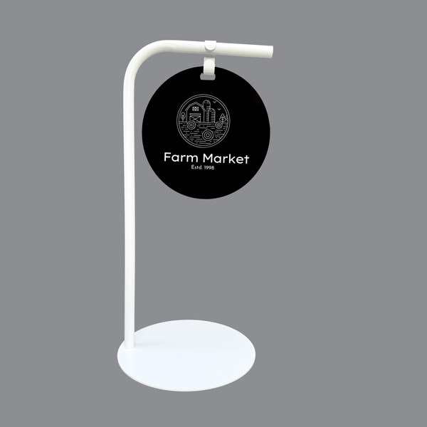 White round minimalist sign with black plate with 'Farm Market' logo