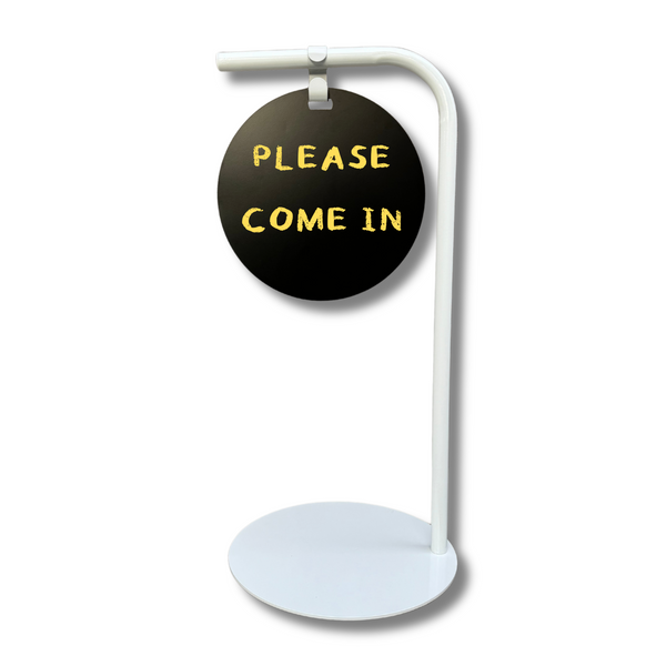Street round sidewalk business chalkboard sign with white frame and black board