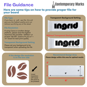 A digital graphic titled 'File Guidance' from Contemporary Marks, explaining how to provide a proper file for a board. 