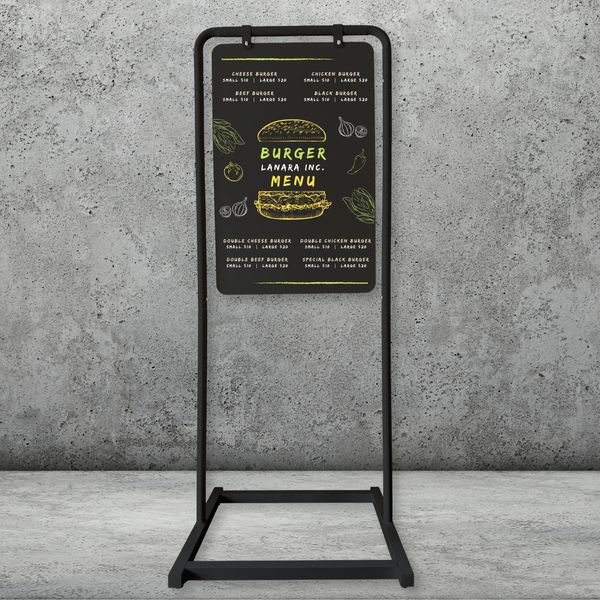 Swing Sign with Burger Menu in Black Frame with Black Board