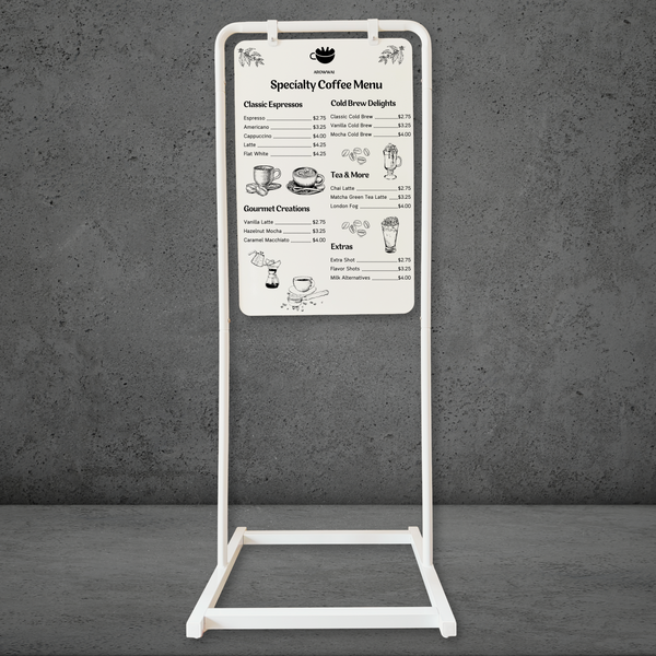 Retail Business Swing Sign Display with Coffee Menu