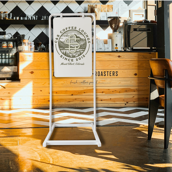 Minimalist Style Business Swing Sign display with custom logo in white frame with white board