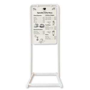 White stand with a specialty coffee menu on a minimalist business display swing sign