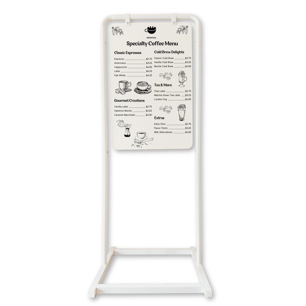 White stand with a specialty coffee menu on a minimalist business display swing sign
