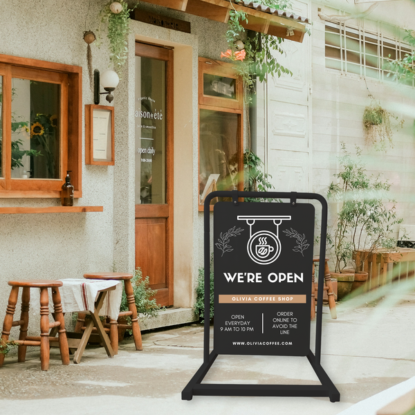 Modern Style Floor standing sign for coffee shop to display business hour and we are open message