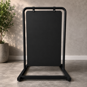 Black metal swing stand with a black board in 32"H configuration