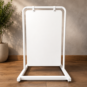 White metal swing stand with a white board in 32"H configuration
