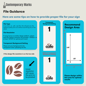 Infographic on file guidance for signs with tips on file type, resolution, background setting, and design area.