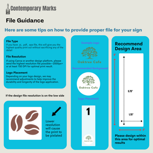 Infographic on file guidance for signs with tips on file type, resolution, background setting, and design area.