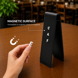 Black table number stand shows compatible to magnetic letters or magnets 