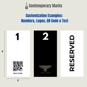 Three examples of customizable designs with numbers, logos, and text for table number signs