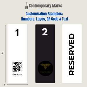 Customization examples for table number signs three vertical rectangular options: a white marker with a black number 1, Owl Cafe QR code 2, Owl Logo 3, 'RESERVED' in black. The image includes the Contemporary Marks branding and dimensions of 6 inches by 2 inches.