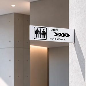 A modern white wall-mounted projecting sign with black icons and text reading TOILETS, MEN & WOMAN, and an arrow, shown mounted on a light gray concrete pillar in a clean interior space.
