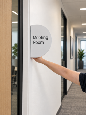 A white semi-circular wall sign reading 'Meeting Room' on a white office hallway door.