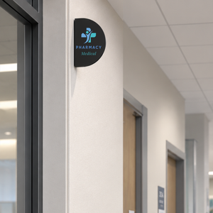 A black semi-circular wall blade sign mounted on a beige hallway wall, featuring a blue and teal cross-and-staff medical logo with the words 'PHARMACY Medical' in blue and teal.