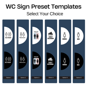 Contemporary Marks preset WC sign templates for half round blade sign. With options from Option 1 through Option 6. The design features dark navy blue panels with white and black icons and text for men, women, family restroom, and toilet.