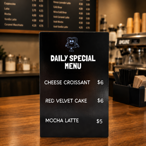 A black freestanding table top menu sign on a wooden counter in a cafe, reading 'DAILY SPECIAL MENU' with items including Cheese Croissant, Red Velvet Cake, and Mocha Latte with prices.