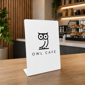 A white metal tabletop sign with a black owl logo and the text 'OWL CAFÉ' standing on a wooden counter in a cafe setting.