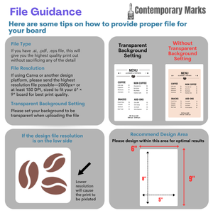 A digital graphic titled 'File Guidance' from Contemporary Marks, explaining how to provide a proper file for a coffee menu board design. 
