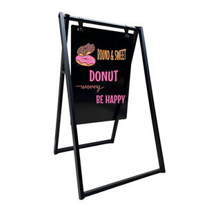 Black a-frame sign with round and sweet donut logo on a white background
