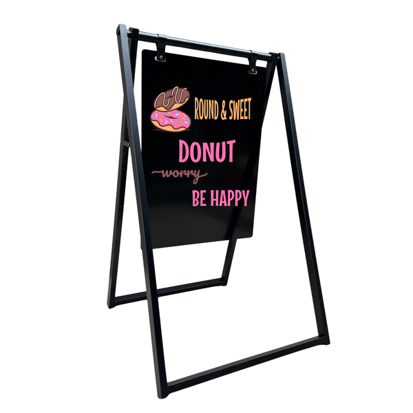Black a-frame sign with round and sweet donut logo on a white background