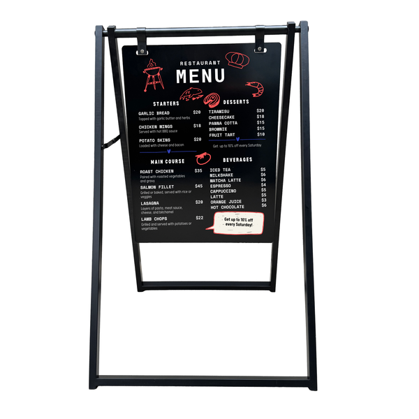 Restaurant menu board on a business stand in a white background