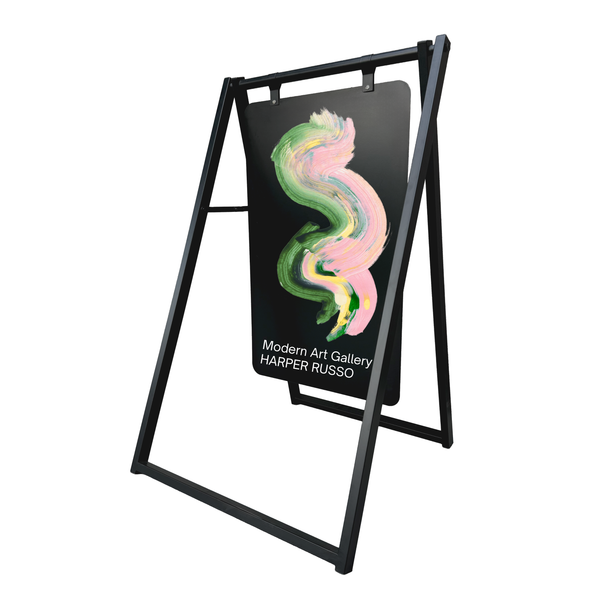 A-frame sign with colorful abstract design and 'Modern Art Gallery HARPER RUSSO' text on a white background