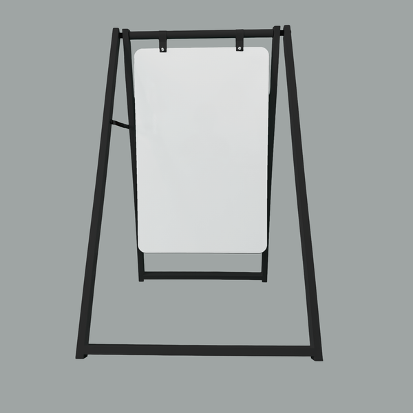 Black metal stand with a white board on a gray background