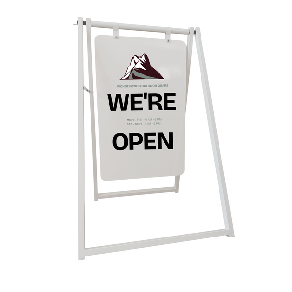 A-frame sign with 'WE'RE OPEN' text on a white background