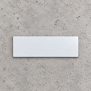 A blank front view rectangular white metal business blade sign displayed flat against a textured gray concrete background.