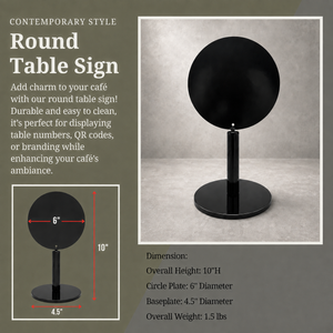 A round black table sign on a stand with dimension and weight information shown in a styled product graphic with text. The sign has a circular black plate on a slim black pole with a round base.