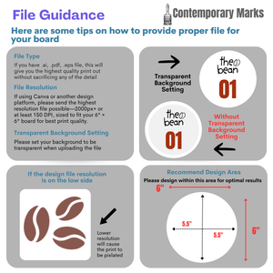 A digital graphic guide titled 'File Guidance' from Contemporary Marks, explaining how to prepare a file for a 6" x 6" board. 