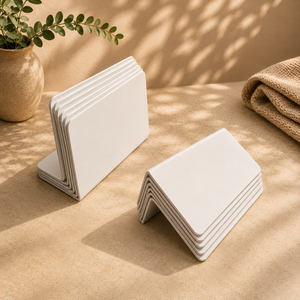 Two stacks of white stacking shop signs on a beige surface with a plant and folded fabric in the background.