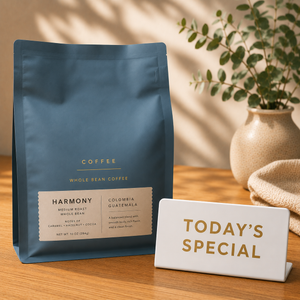 Blue coffee bag labeled 'Harmony' on a wooden surface with a plant and  cafe shop signs labeled "Today's Special" 