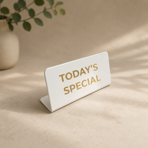 White market sign with 'TODAY'S SPECIAL' text on a beige surface with a plant in the background