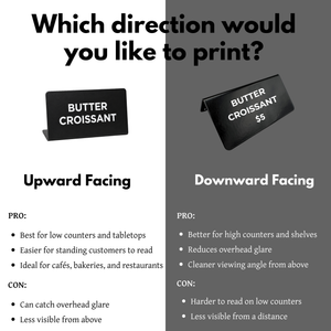 Comparison chart for Butter Croissant signs with 'Upward Facing' and 'Downward Facing' options.