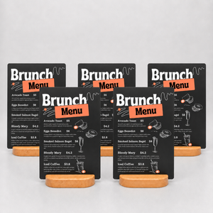 Five black table menu display with custom printed brunch menu signs
