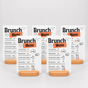 Five black table menu display with custom printed brunch menu signs sitting on wooden base