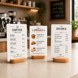 Three vertical printed table menu coffee menu signs on small wooden stands, displayed on a countertop in a cafe interior. The magnetic menu show coffee items, dessert specials, and hot/cold drinks with prices.