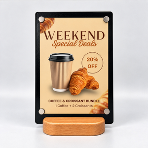 A rectangular promotional tabletop sign with rounded corners stands on a small wooden base against a light gray studio background. The sign reads “WEEKEND Special Deals,” with “20% OFF,” “COFFEE & CROISSANT BUNDLE,” and an illustration/photo of a takeaway coffee cup next to a croissant.
