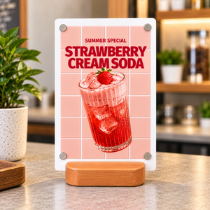A vertical solid metal table sign on a wooden stand in a cafe setting, advertising a 'Summer Special Strawberry Cream Soda' with a pink-tiled graphic and a photo of a red drink in a glass.