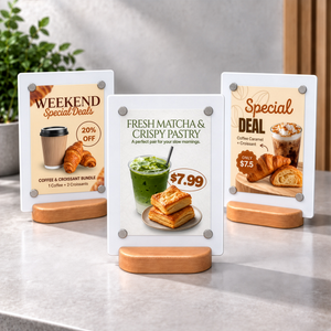 Three vertical promotional sign stands displaying breakfast and matcha menu items on a light gray countertop with wooden base.  The center sign shows a green matcha drink and two pastry slices with the text 'FRESH MATCHA & CRISPY PASTRY' and a price of $7.