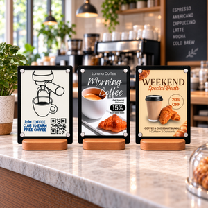 Three coffee-themed counter sign on wooden stands displayed on a cafe counter. The signs feature designs for a coffee club, morning coffee specials, and weekend coffee deals, with a blurred coffee shop interior in the background.
