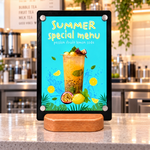 A freestanding rectangular menu sign with a black frame and wooden base, displaying a bright blue 'Summer special menu' sign with a tropical drink illustration and fruit graphics, placed on a kitchen counter in a cafe setting.