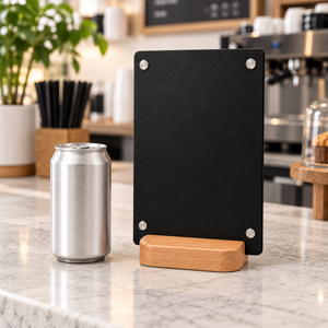 A black rectangular tabletop sign holder with 4 rounded magnets and a solid wood base, shown on a marble countertop next to a silver can in a cafe setting.